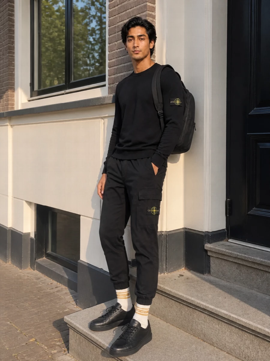 Stone island black cargo joggers y3 sneakers