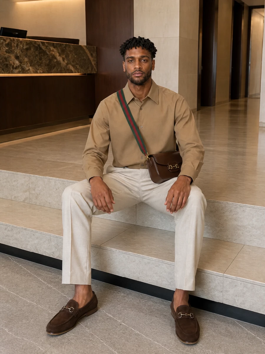 Gucci camel shirt beige trouser outfit loafers
