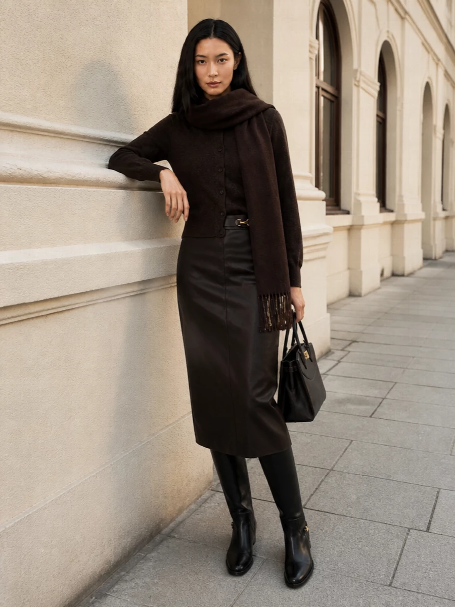 Ferragamo chocolate cardigan pencil skirt outfit