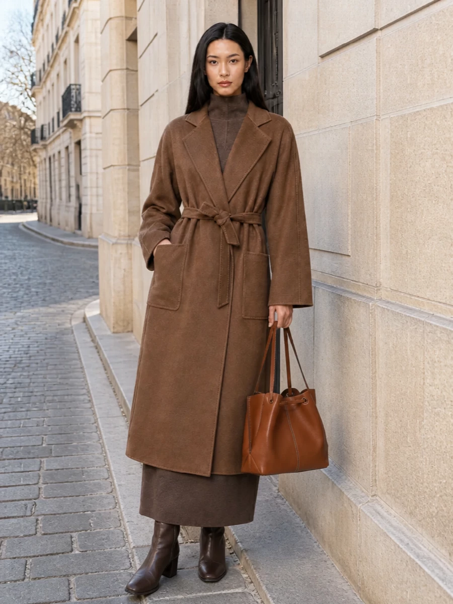 Max mara camel coat taupe knit dress outfit