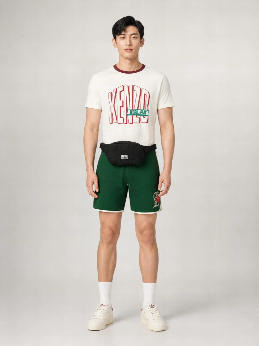 Kenzo’s graphic tee sets a varsity streetwear tone, grounded by Drôle De Monsieur’s forest-green shorts that echo its crest and colour accents. Cream Adidas courts with burgundy notes pick up the neckline, while a Kenzo belt bag and striped navy belt keep the whole outfit sharp, sporty and pulled together for warm city days.