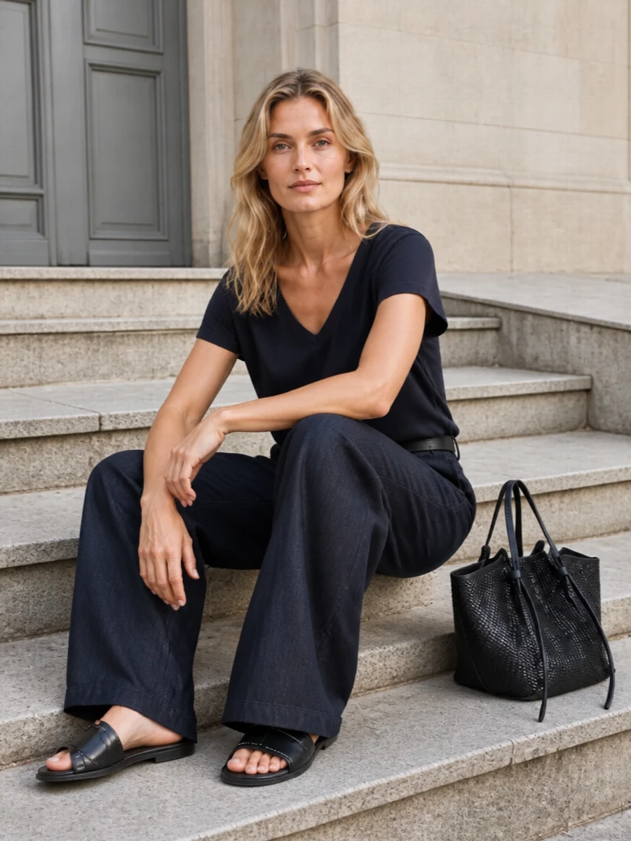 An ink tonal column keeps everything restrained and modern, letting the wide-leg trouser and fluid V-neck do the work. Black leather slides and a structured woven tote add quiet structure and depth. A slim belt finishes the waist so the relaxed pieces still read intentional from every angle.