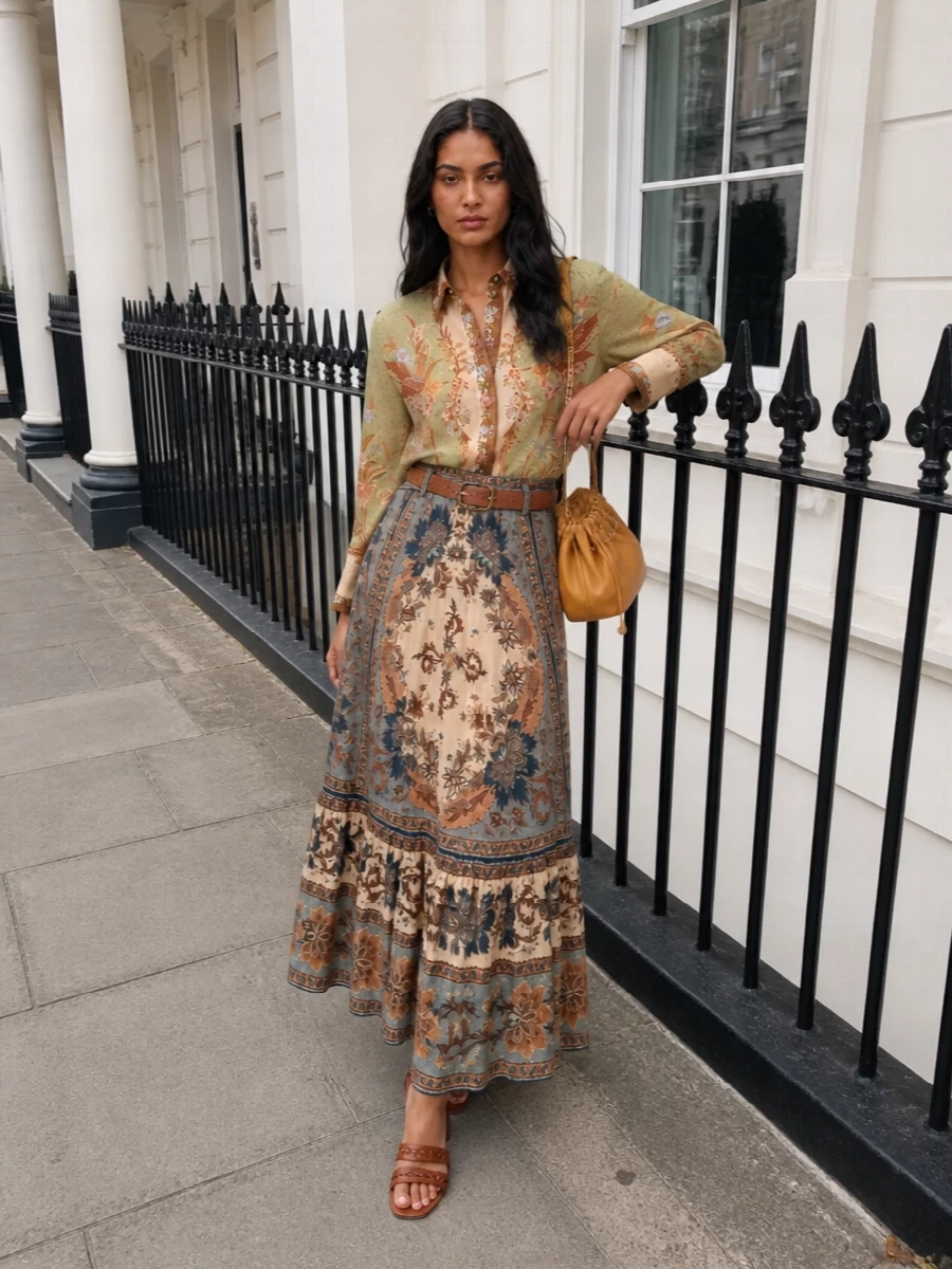 Zimmermann maxi skirt printed blouse outfit