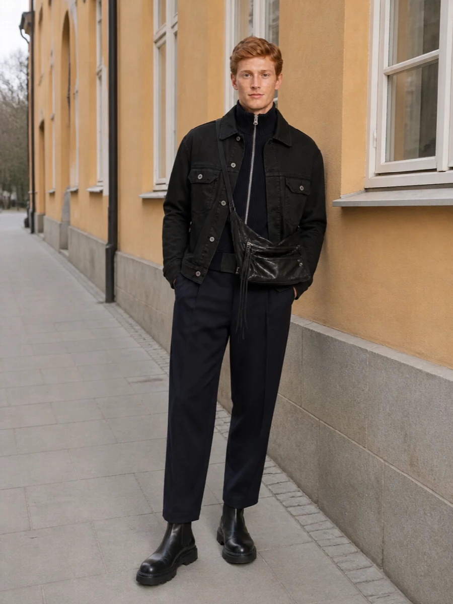 Sacai chore coat wide trousers chelsea boots