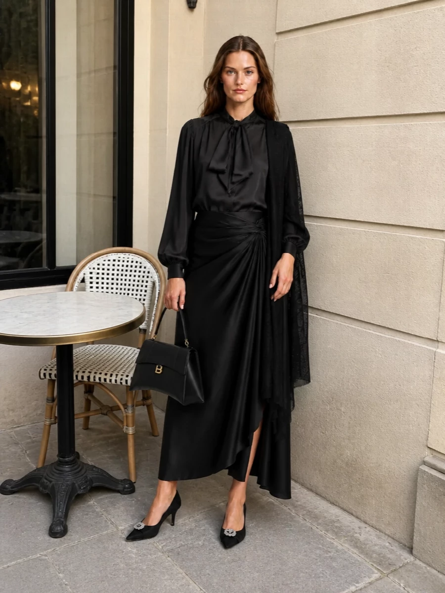 Balenciaga black tie neck blouse midi skirt outfit