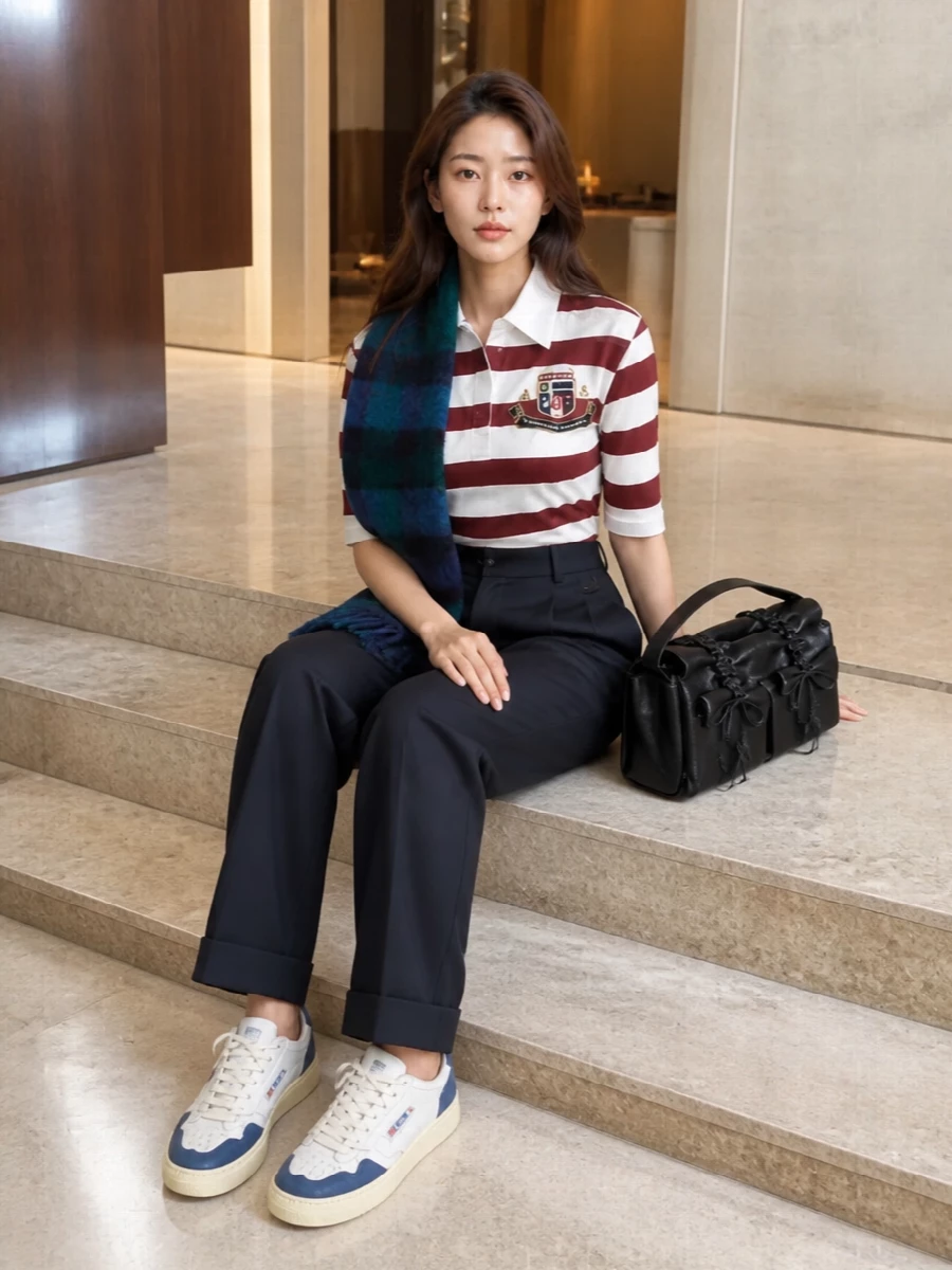 Acne rugby polo navy trousers retro sneakers