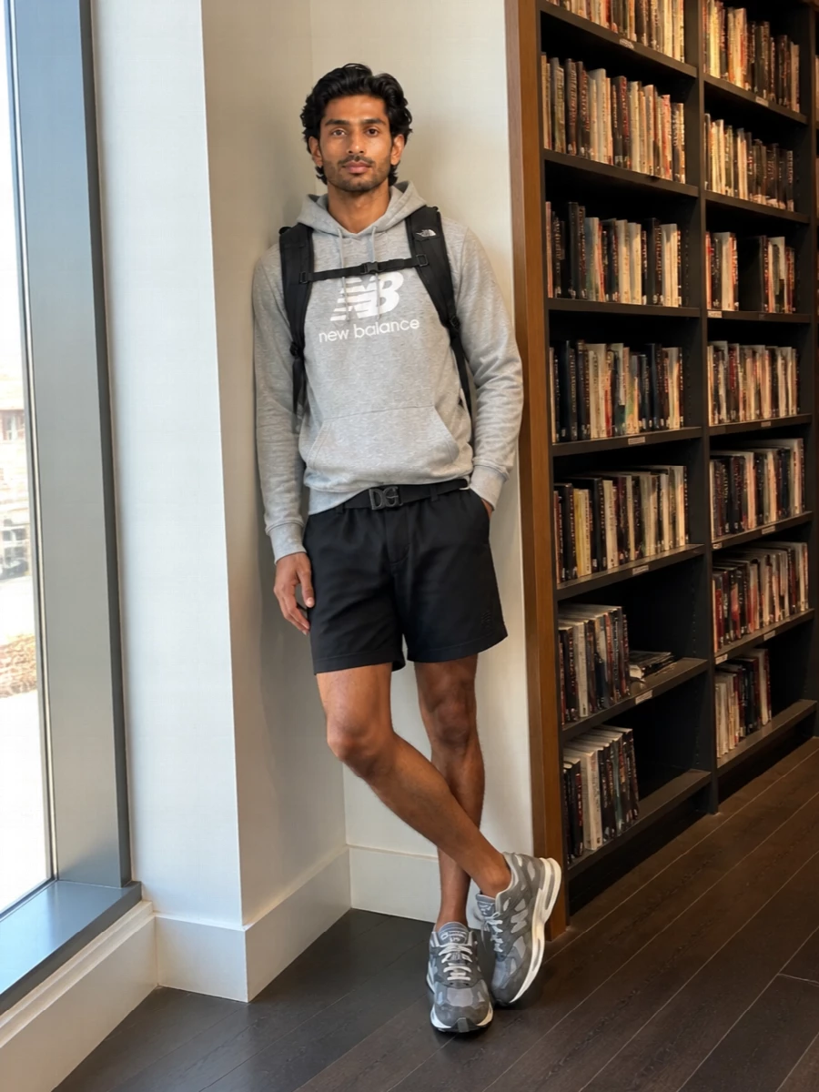 New balance grey hoodie black sport shorts outfit