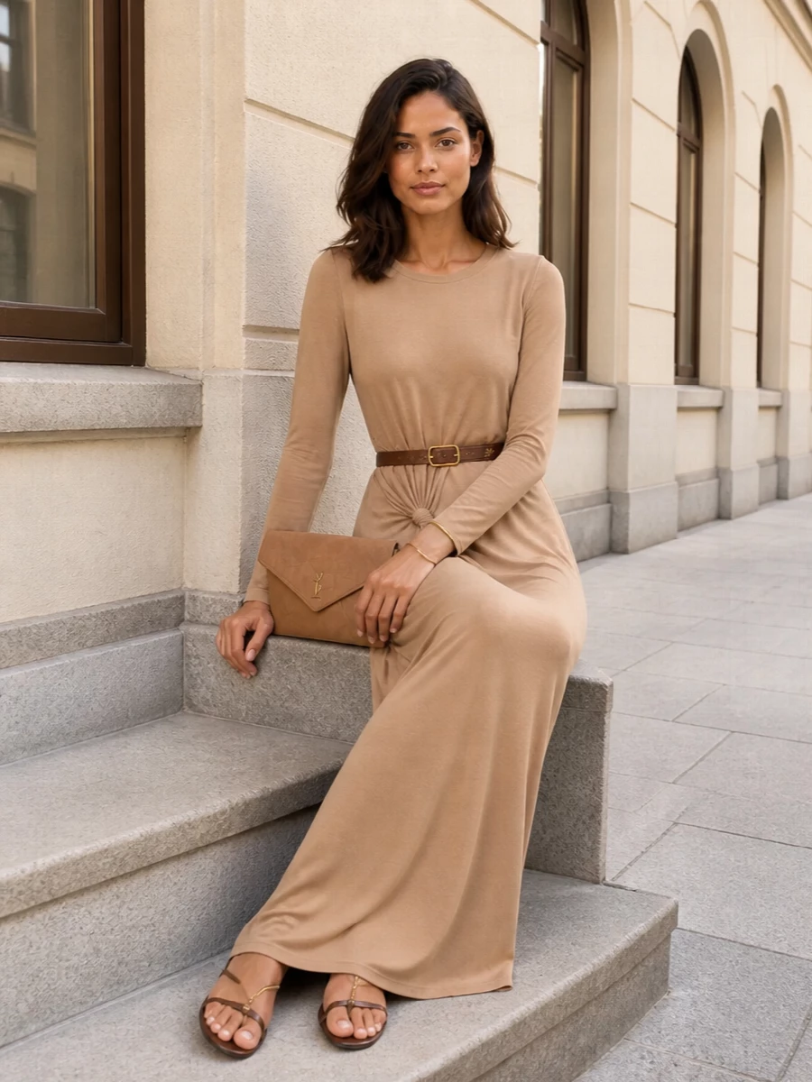 Saint laurent camel evening gown neutral accessories