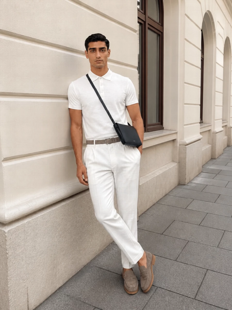 Herno white polo ivory trousers suede loafers