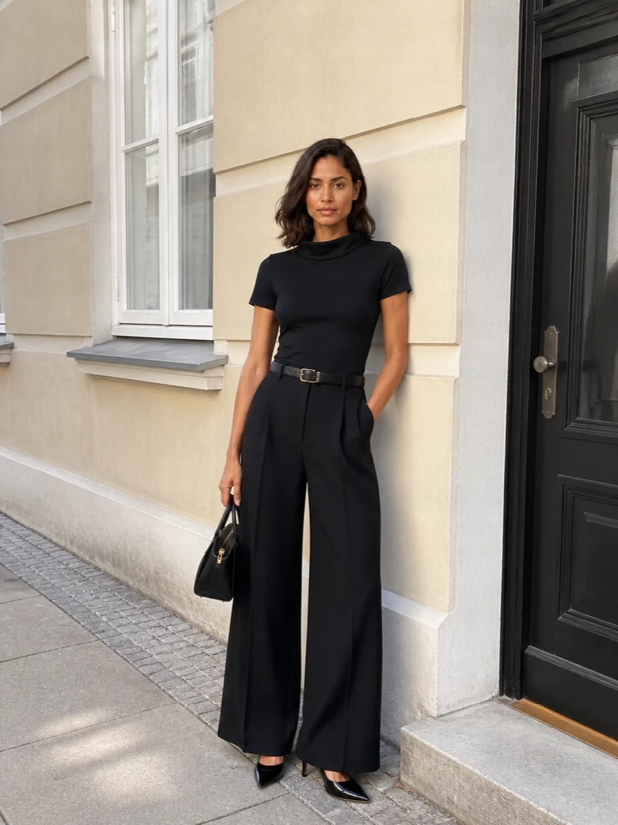 Givenchy black wide leg trouser sculpted tee outfit