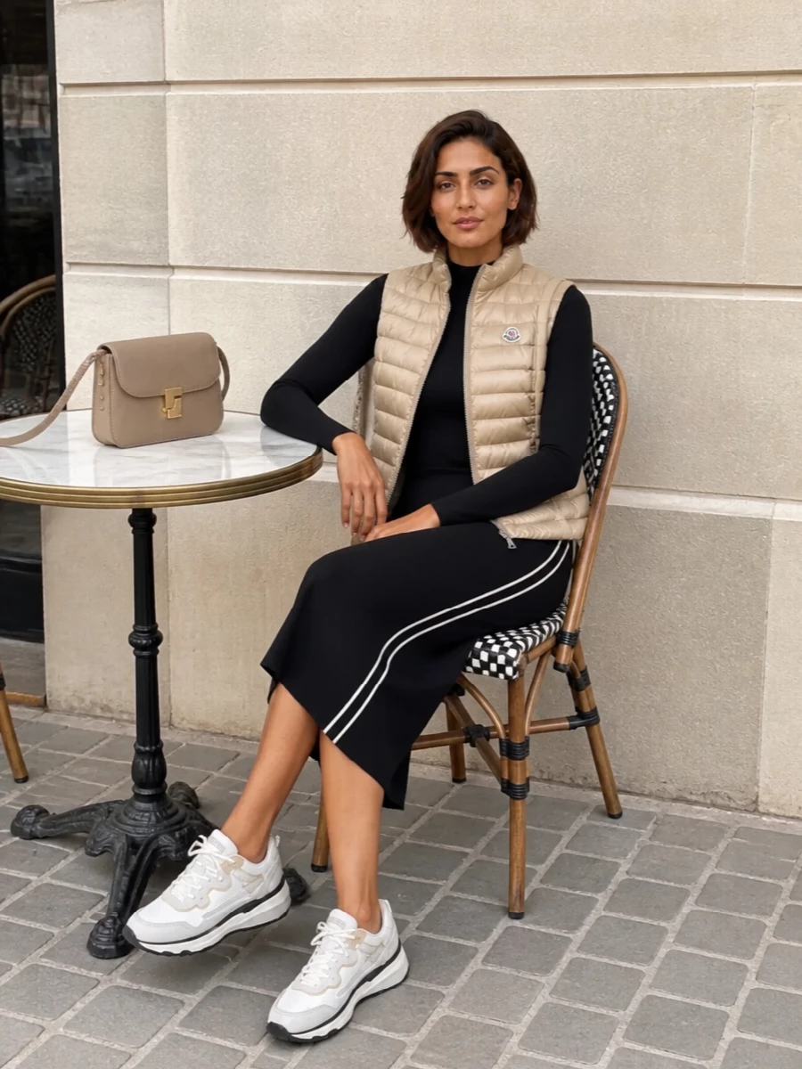 I’m building this around a dress rather than top and bottom, because the Moncler gilet wants a streamlined base to keep its slim, sporty lines clean. The Sportmax knit midi in black with contrast stripes gives you that athletic, minimalist column, while Herno’s cushioned sneakers and the structured taupe cross-body hold the balance between quiet luxury and polished off-duty. The result is a neutral, travel-ready outfit that feels intentional but still properly casual and agile for real life.
