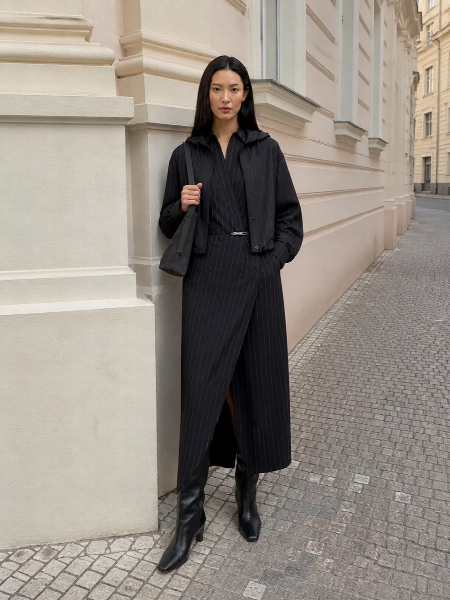 Acne pinstripe jacket dondup dress outfit