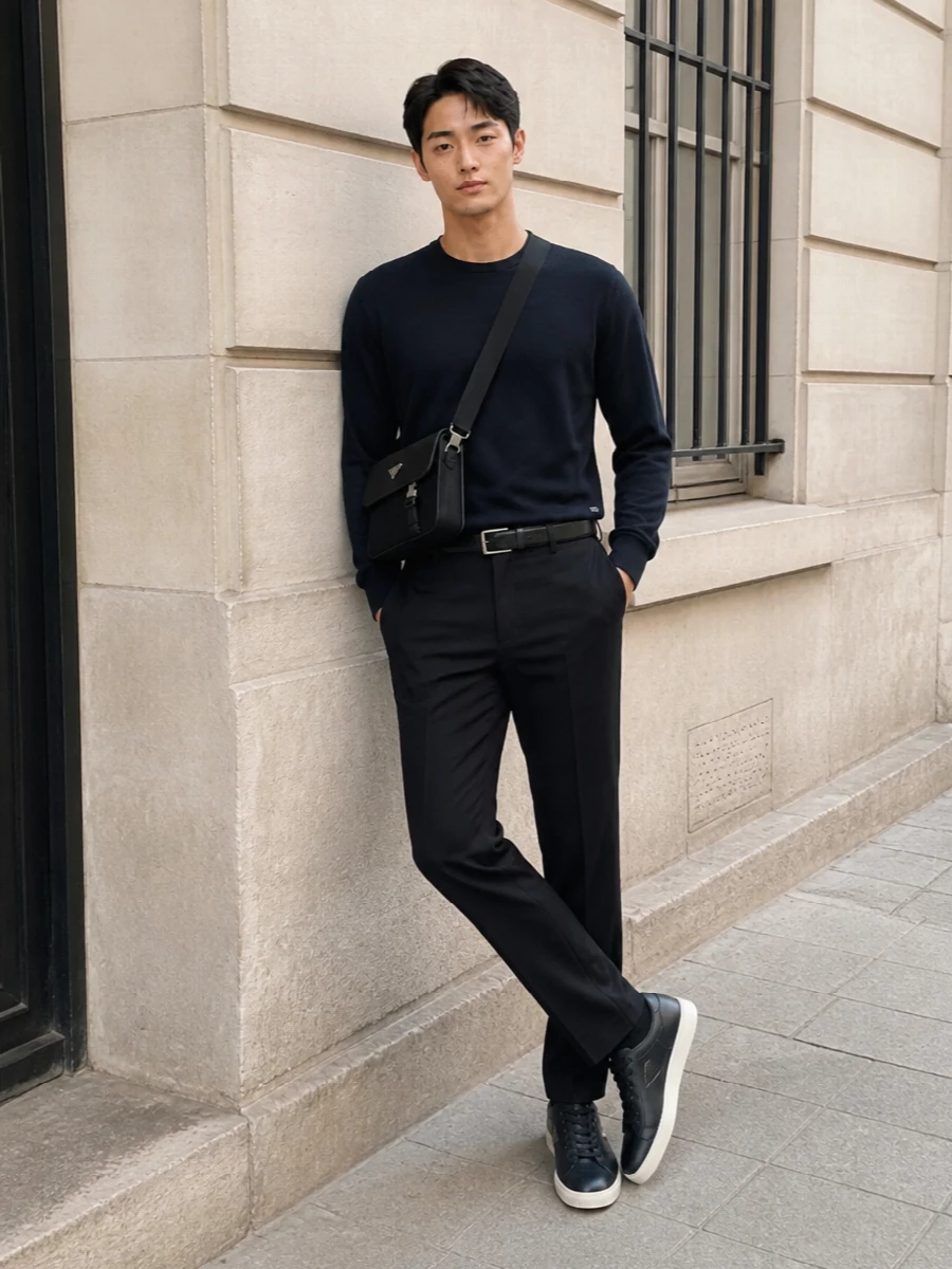 Prada navy crewneck trousers quiet luxury outfit
