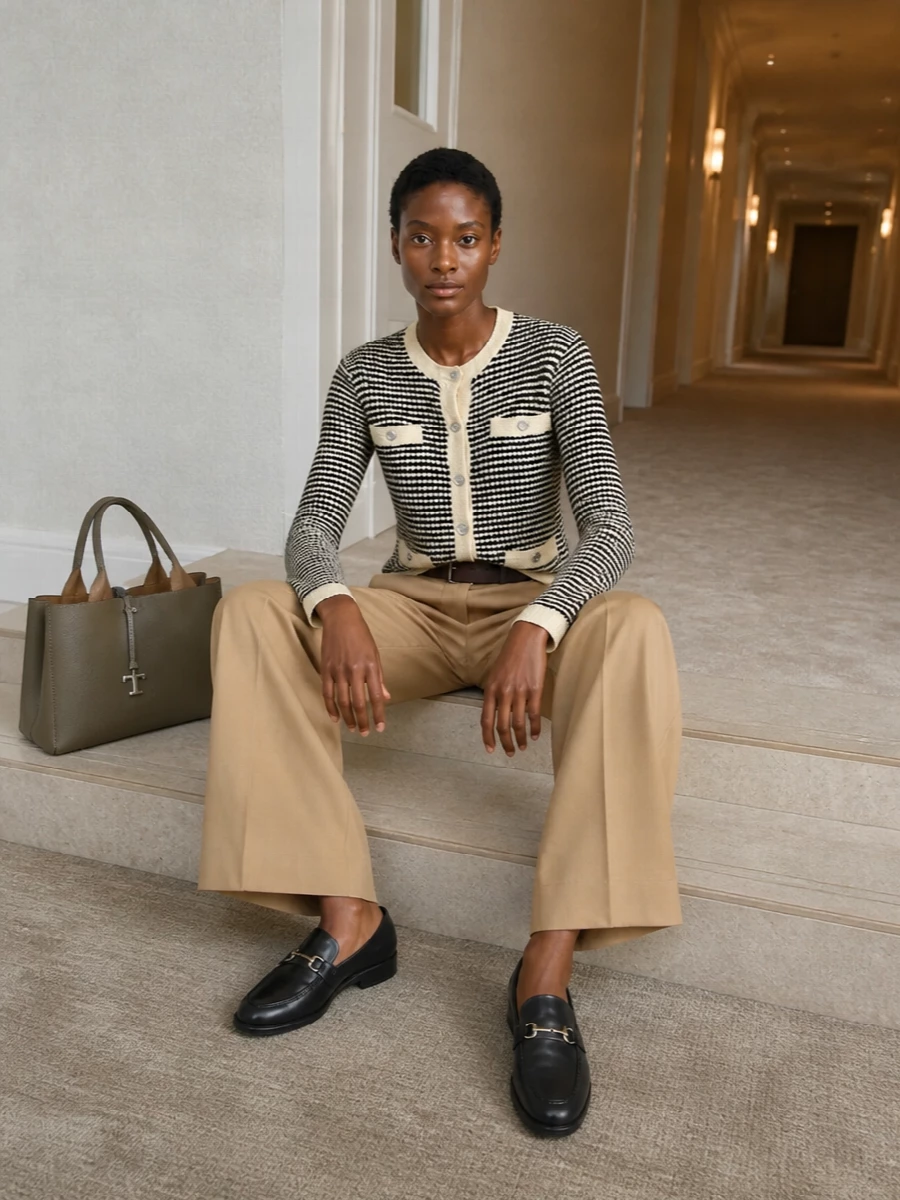I am building around the top and trouser combination rather than a dress, as the houndstooth cardigan and camel tailoring echo the tote’s city‑ready, preppy quiet luxury most directly. The tweed‑like knit on top brings a Parisian cardigan‑jacket attitude, while the clean camel wide leg keeps the silhouette long and calm next to the structured taupe bag. Black leather loafers tie back to the cardigan’s contrast and the bag’s hardware, giving a polished desk‑to‑dinner outfit that still feels relaxed enough for everyday in the city.