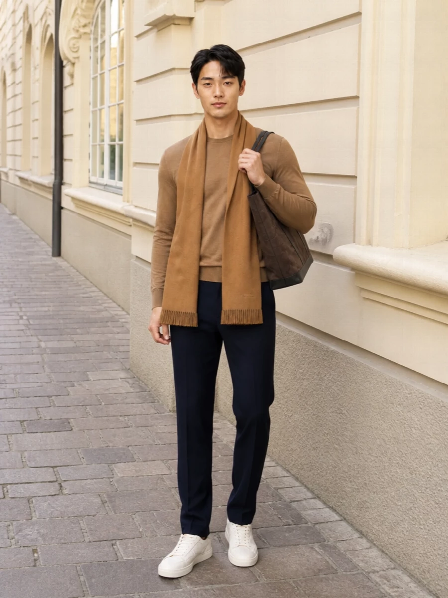 Tom ford camel sweater navy trousers outfit