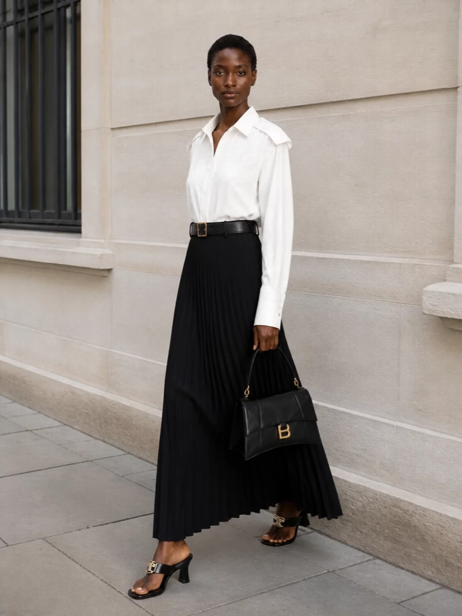 Burberry black pleated maxi skirt white shirt outfit