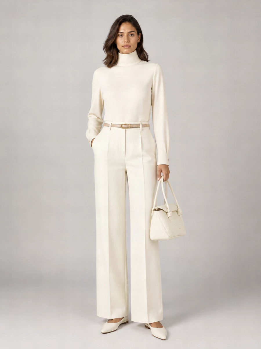 An all-ivory column of wide-leg tailoring and a high-neck buttercream blouse creates a calm, precise line from shoulder to hem. Cream pointed flats and a structured tonal bag keep the palette hushed while the slim nude belt quietly defines the waist. The result is polished enough for serious meetings yet soft enough for dinner in the same city uniform.