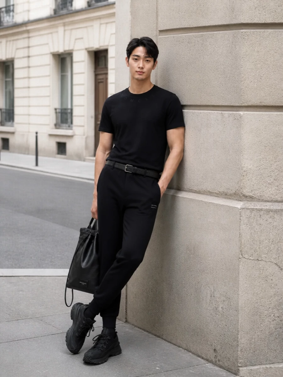 This look leans into a refined monochrome athleisure uniform: the black Moncler logo-neck tee paired with tapered black Moncler joggers keeps everything sleek, understated and SS-appropriate. All-black technical sneakers ground the outfit with a subtle performance edge, while the slim leather backpack and discreet belt keep the styling elevated and city-ready without disturbing the minimalist line.