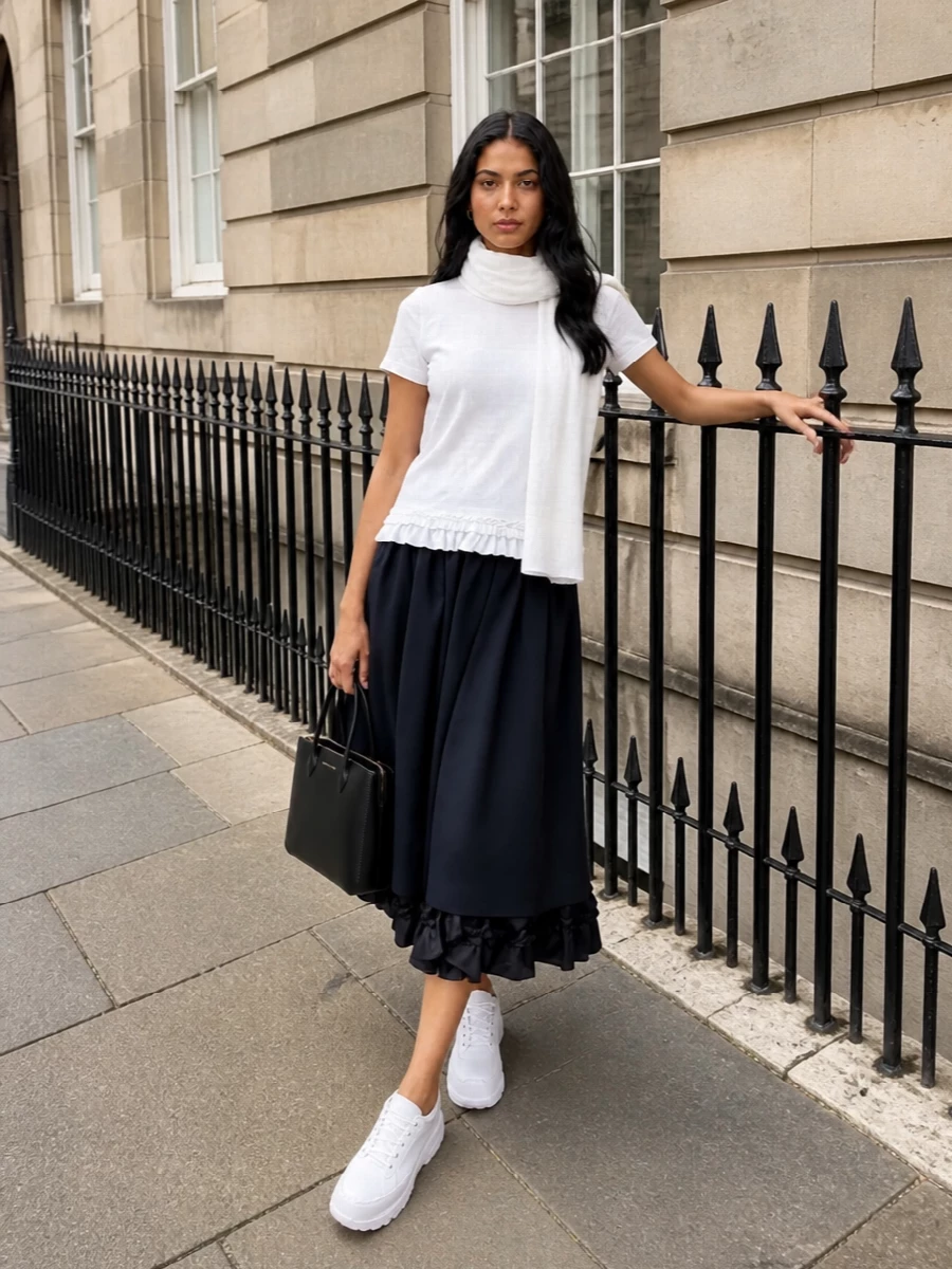 Comme des garcons ruffle tee black midi outfit