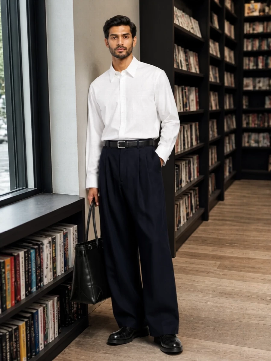 Deep navy volume at the waist is sharpened with a crisp soft white shirt, keeping the whole composition clean and intelligent rather than corporate. A low, design-forward black derby and structured black leather tote ground the silhouette, while a slim black belt quietly defines the high rise. The result is a quiet-luxury uniform that moves easily from studio to dinner with a studied, architectural ease.