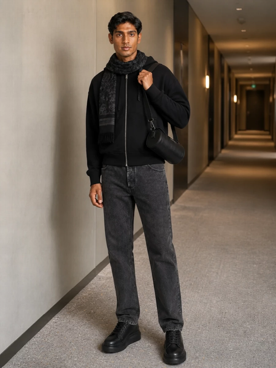 Alexander mcqueen black hoodie charcoal jeans outfit