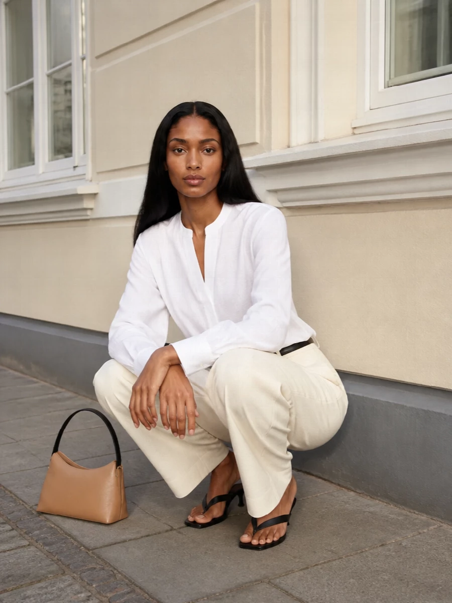 Toteme wide leg trousers white shirt heels