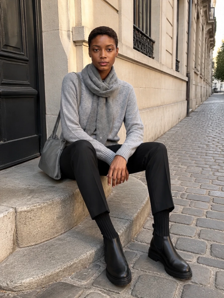 Heather grey cashmere on top with sharp black tailoring below creates a calm, low-contrast palette that still reads distinctly put together. The straight-leg trouser and solid ankle boot give the soft knit real structure, while the grey shoulder bag and scarf keep the story tonal and understated. It is an easy uniform for city days when you want warmth, simplicity and quiet intent in equal measure.
