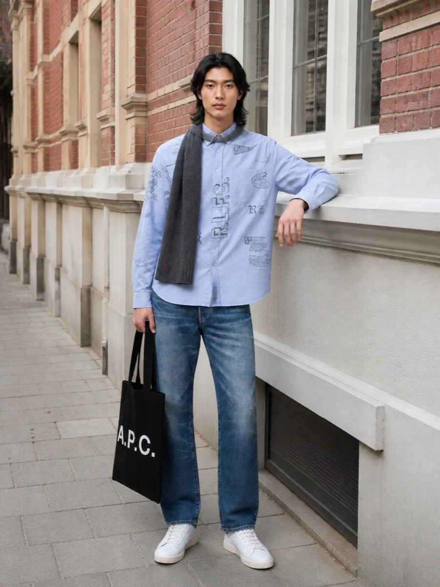 Light-blue varsity Oxford, worn with mid-indigo straight jeans and clean white court sneakers, leans into an easy campus street-prep vibe. The graphic shirt stays the focus, anchored by washed denim and a sharp black tote, with a charcoal scarf adding just enough winter texture. It is relaxed, collegiate and ready for city days that drift from lectures to late coffees.