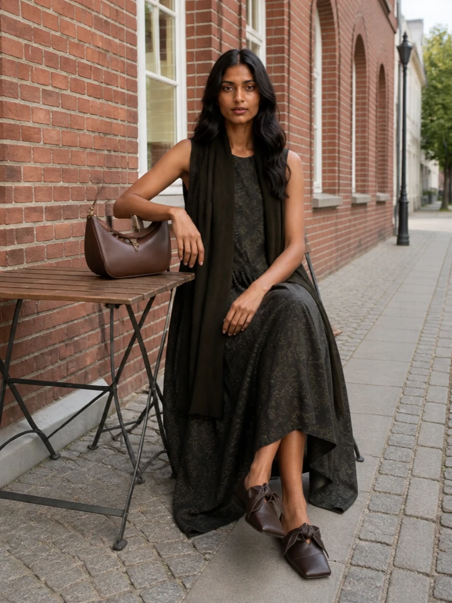 A shadowy column of olive and charcoal stays moody and soft, with sculptural flats keeping the high-low hem grounded but relaxed. The chocolate hobo adds quiet structure and depth, while the long dark scarf simply lengthens the line and deepens the texture. It reads bohemian and thoughtful, ideal for cool-season days that drift easily into evening.