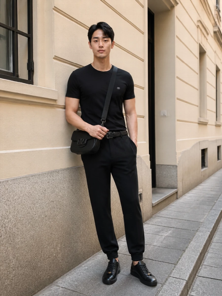 Valentino black tee joggers sneakers outfit