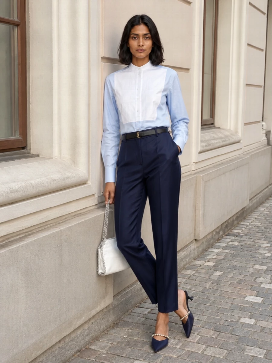Stella mccartney tux shirt navy trousers outfit