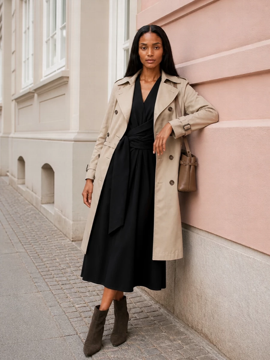 Brunello cucinelli trench black wrap dress outfit