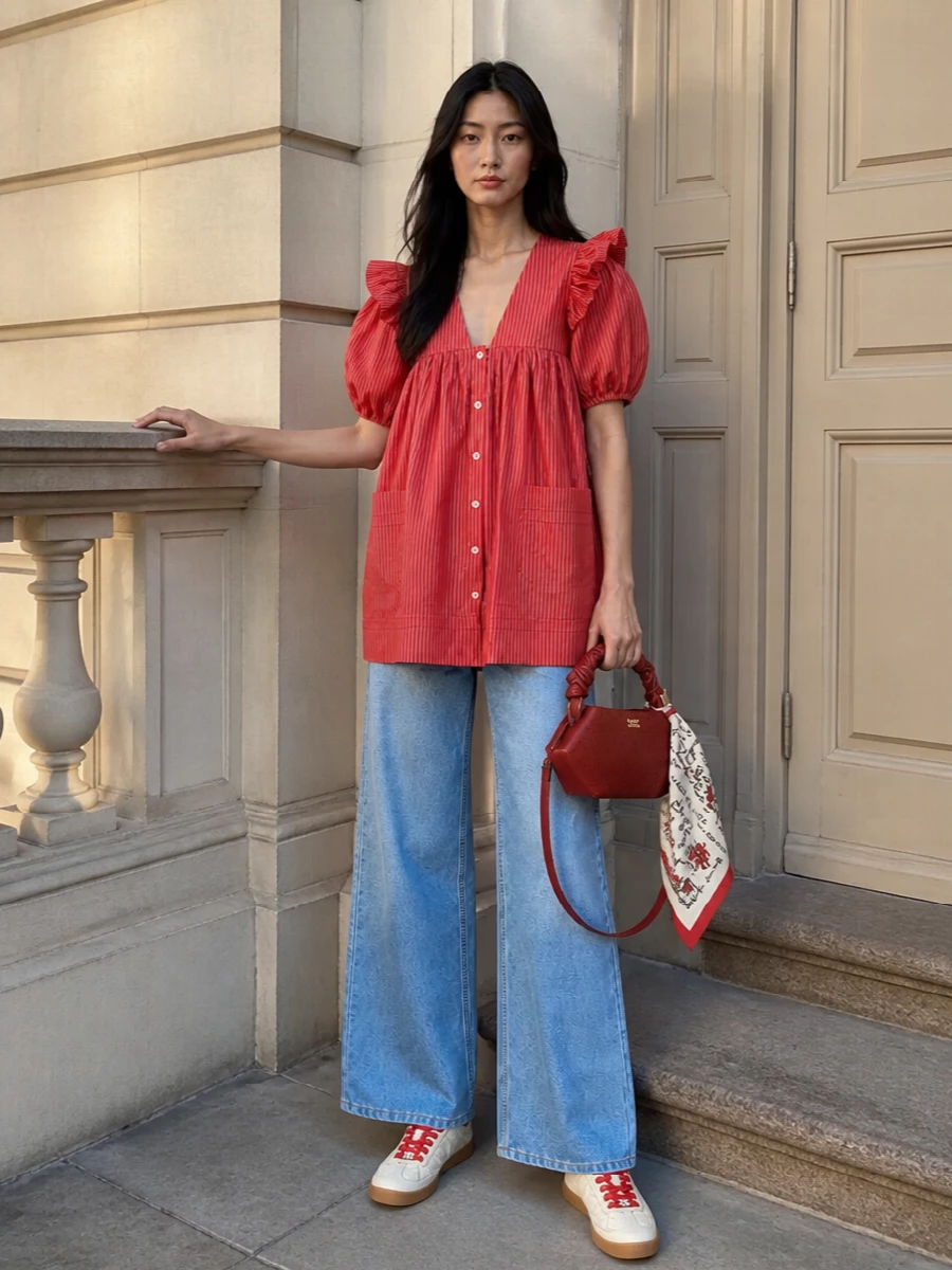 Ganni babydoll dress wide leg jeans sneakers