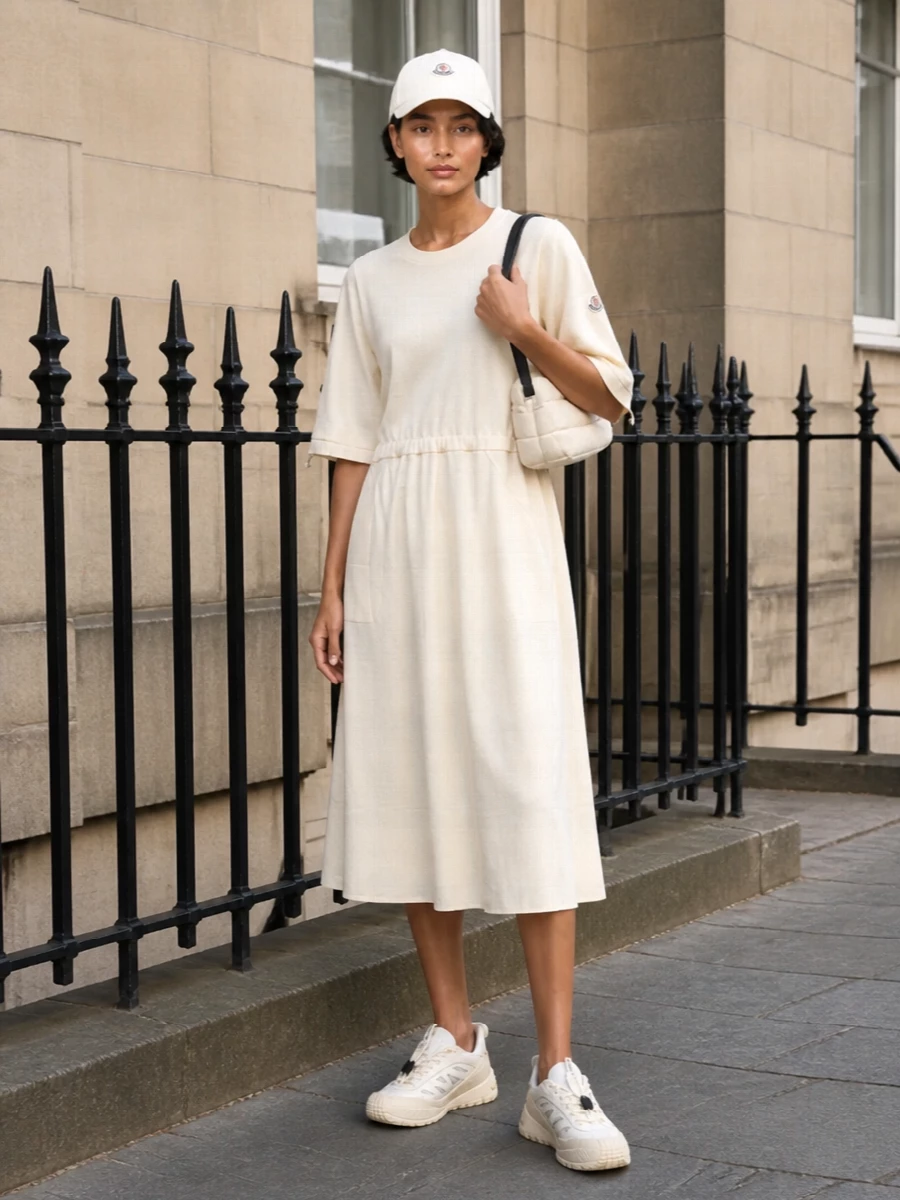 Anchoring the outfit with the relaxed ivory midi dress rather than separates keeps the line clean and lengthening, perfectly in tune with the cap’s minimalist alpine-sport attitude. Tonal technical sneakers and a soft cream clutch keep everything in the same calm neutral register, so the subtle Moncler logos do the talking without competing. The result is a quietly confident summer outfit that moves smoothly from travel days to city wandering with zero visual noise.