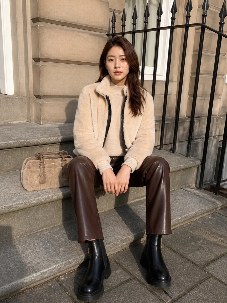 Pinko faux fur bomber leather trousers outfit