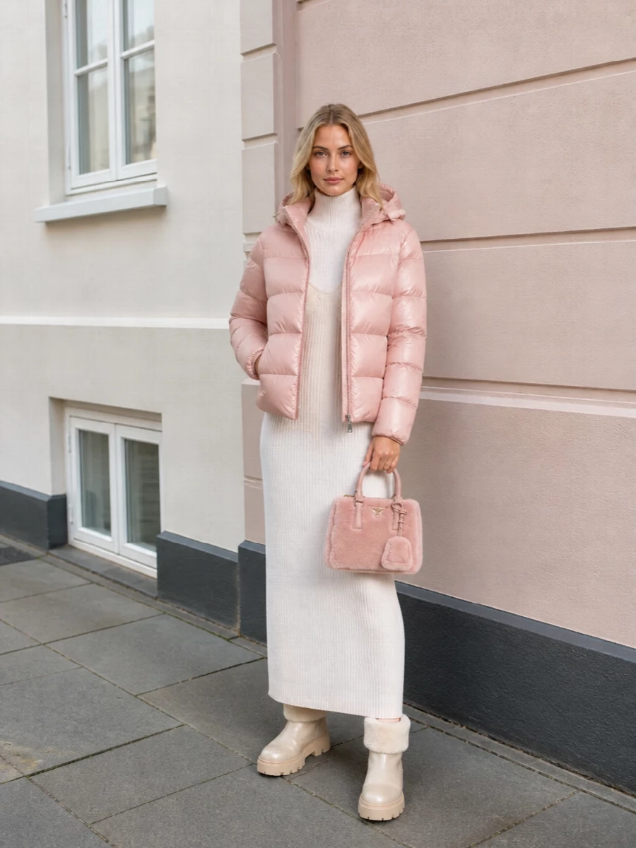 Moncler pink puffer gaultier ivory knit dress
