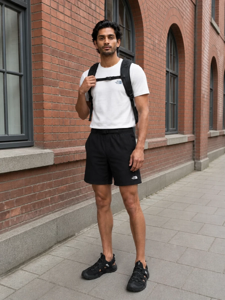 A soft white North Face tee is grounded with black technical shorts and rugged trekking sandals for a clean, functional streetwear uniform. The tight black and white palette keeps the logo hits crisp while the integrated belt and performance details add subtle outdoor attitude. The compact backpack finishes it as an easy grab-and-go setup for days that move from pavements to park trails.