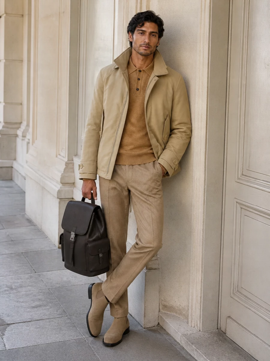 Ferragamo beige jacket camel trousers outfit