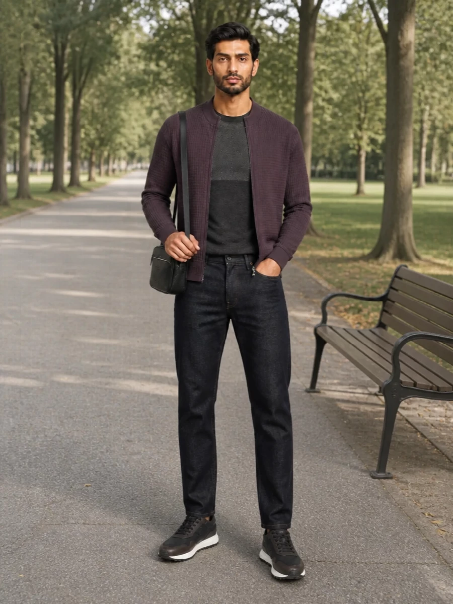 Emporio armani knit jacket dark jeans outfit