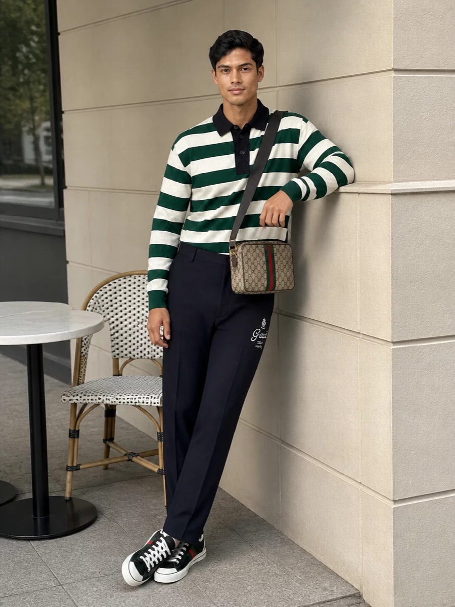 Gucci green striped polo navy trousers camera bag