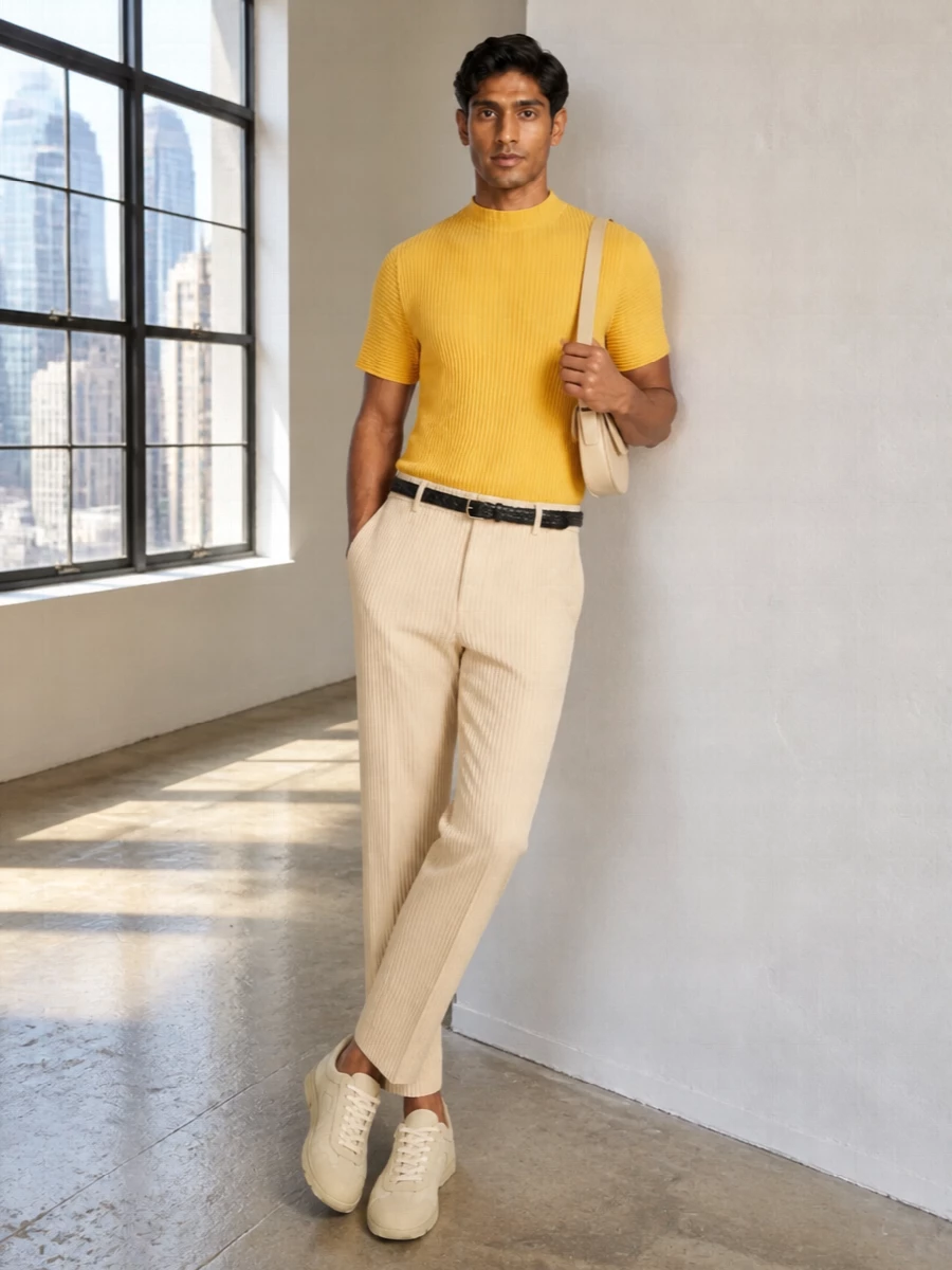 Homme plisse saffron tee beige pleated trousers