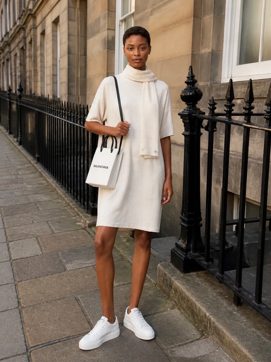 Balenciaga ivory t shirt dress outfit sneakers