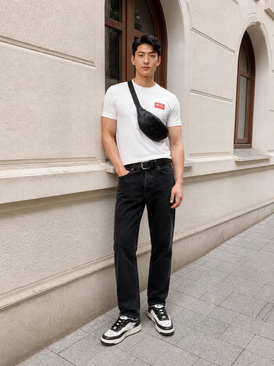 Diesel white logo tee black jeans sneakers