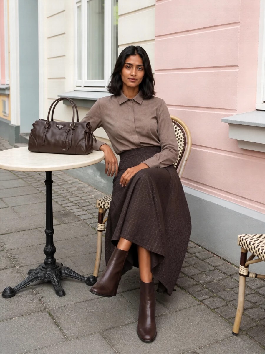 I’m leaning into tailored separates here rather than a dress so the Prada tote feels like part of a considered daily uniform, not just an evening piece. The taupe shirt and chocolate jacquard midi skirt build a refined tonal column, while the Margiela ankle boots keep the line clean and urban from client meetings through dinner. Together, it’s a quiet, structured brown story with just enough contrast to stay interesting season after season.
