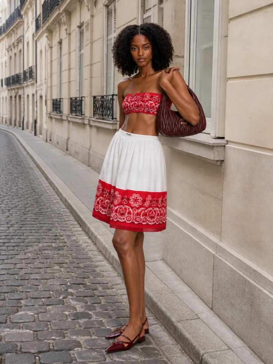 Miu miu red bandana bandeau embroidered mini outfit