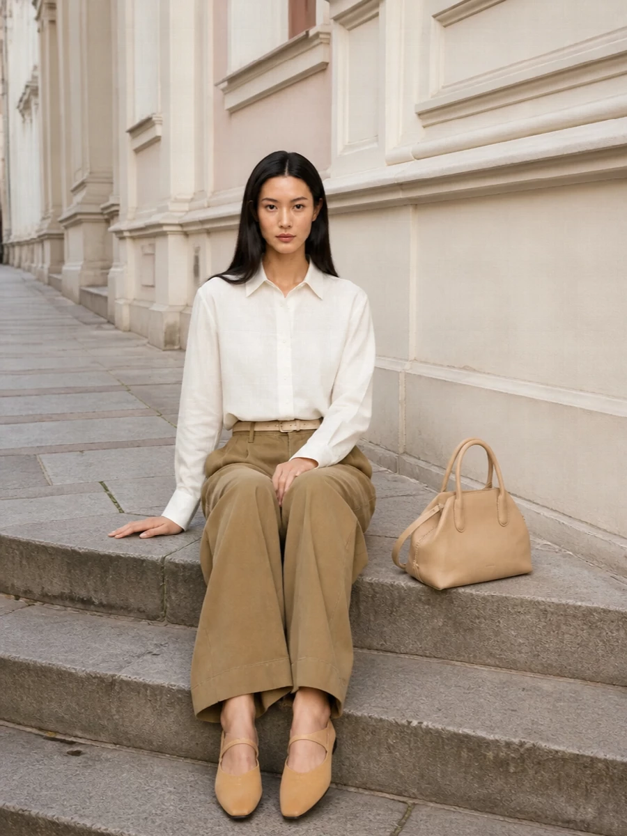 Auralee camel trousers white shirt lemaire flats