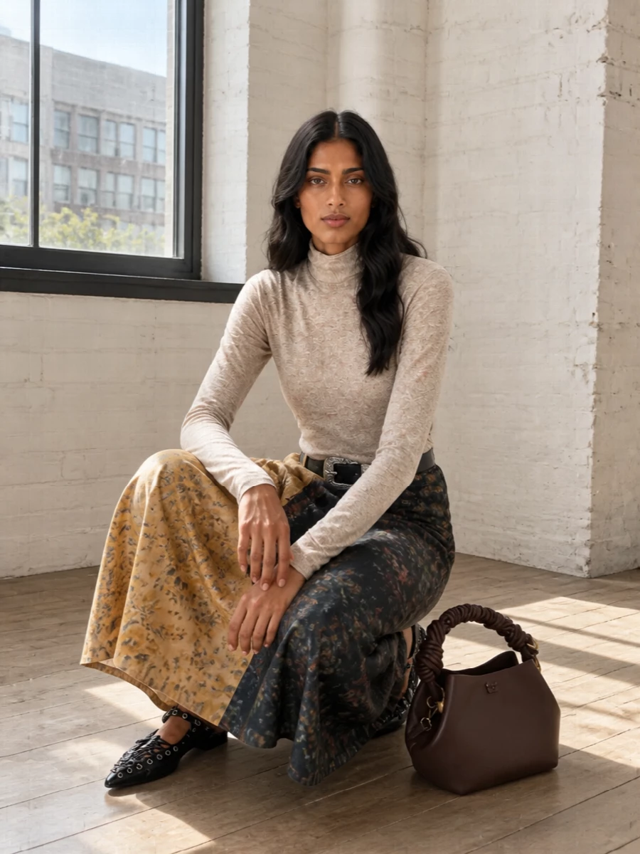 A moody floral maxi meets a second-skin beige turtleneck for a long, romantic line grounded in soft neutrals. Pointed black flats keep it sharp but relaxed, while a dark chocolate structured bag and a slim Western-inflected belt add just enough polish for city days that stretch into dinner.