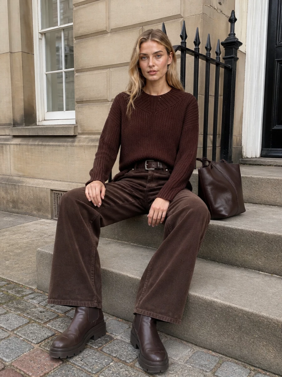 Haikure corduroy trousers brown knit chelsea boots