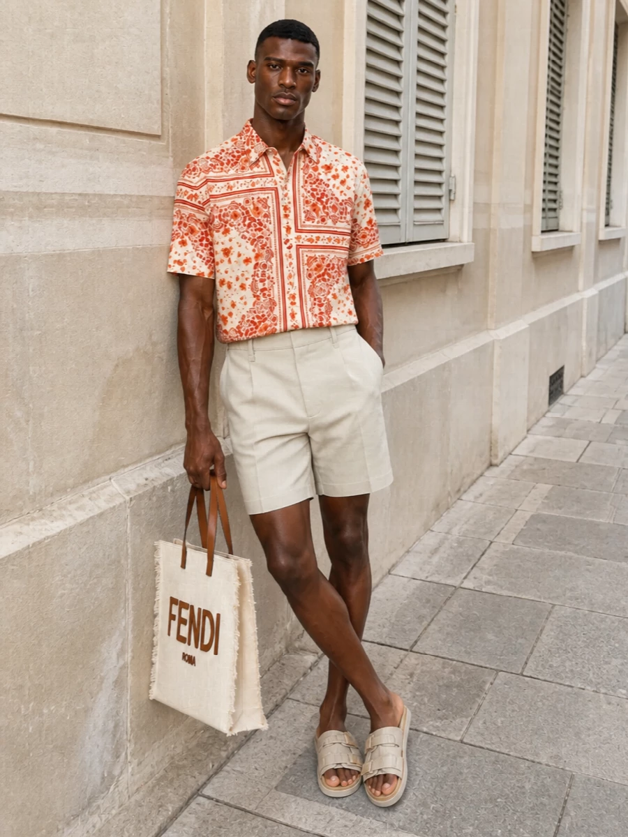 This look lets the Fendi floral bandana shirt stay the star, anchoring it with clean light-beige tailored shorts that echo its warmth without competing on pattern. Pale neutral slides and a cream-and-tan canvas tote carry the palette through softly, creating an easy, high-summer ensemble that feels romantic, refined, and perfectly suited to upscale coastal days or warm city evenings.