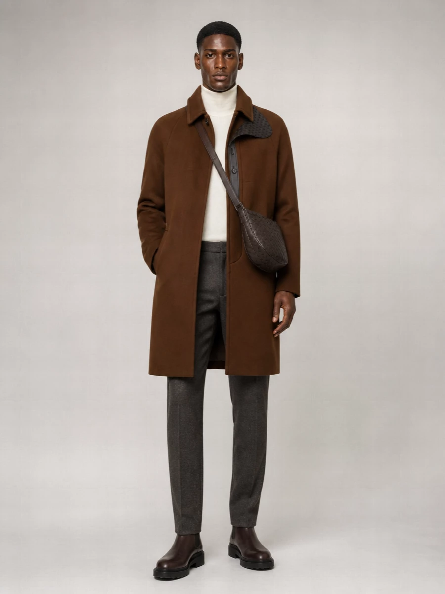 A chestnut Bottega coat frames an ivory turtleneck and charcoal trousers for a clean, elongated winter profile. Dark chocolate Chelsea boots and an espresso intrecciato crossbody tie the warm neutrals together, keeping everything sharply edited yet relaxed. It is a quietly confident city uniform that reads considered from coffee meetings to late dinners.